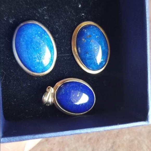14k Gold Vintage Huge Blue Lapis Earrings and Pendant Set - Picture 5 of 5